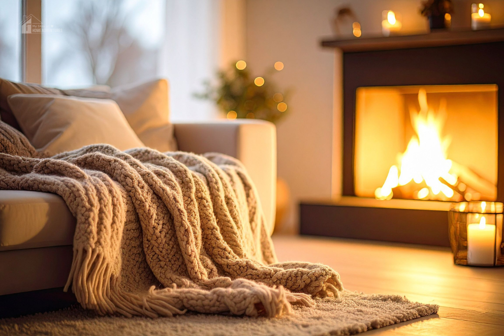 Cozy living room with soft blanket on couch, warm fireplace glow, candles, and neutral decor creating a comfortable and inviting home atmosphere