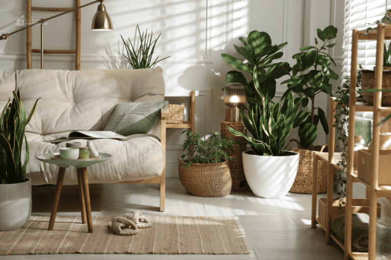 Bright cozy living room with plants, soft sofa, natural light, and simple decor creating a functional and organized space for everyday family life
