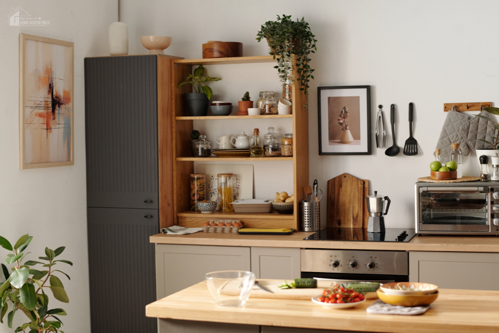 Organized kitchen with open shelving, cooking essentials, and clean layout creating a functional space that supports daily routines for family life
