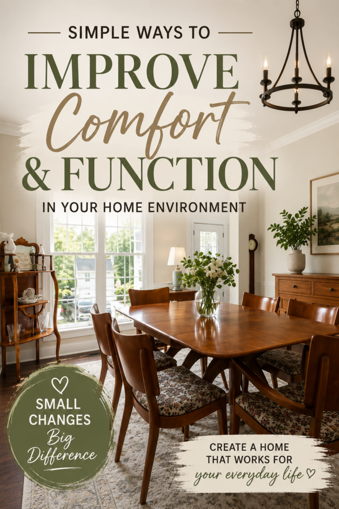 Pinterest pin showing bright dining room with wooden table and natural light, featuring text about improving comfort and function in your home environment with small changes for everyday living.