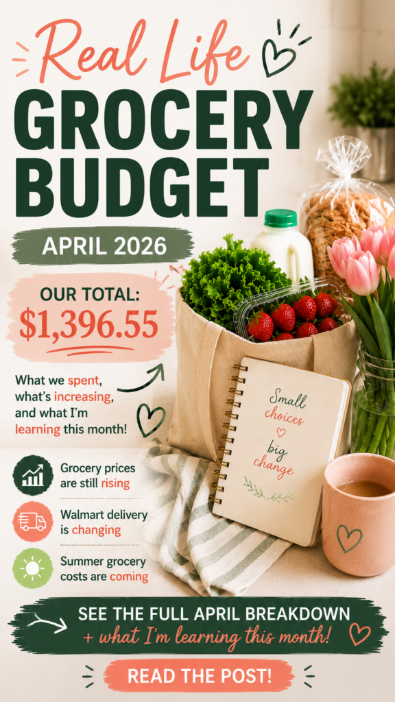 A vertical Pinterest-style grocery budget graphic featuring a reusable grocery bag filled with lettuce, strawberries, bread, and milk beside pink tulips, a notebook, and a coffee mug in a cozy pastel kitchen setting. The image highlights a real-life April 2026 grocery budget with text about rising grocery prices, changing Walmart delivery, summer grocery costs, and honest family budgeting with large easy-to-read typography.