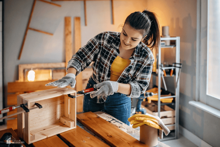 Woman working on DIY home project with wood and tools in workshop, representing home repair, restoration, and redesign ideas for refreshing a living space