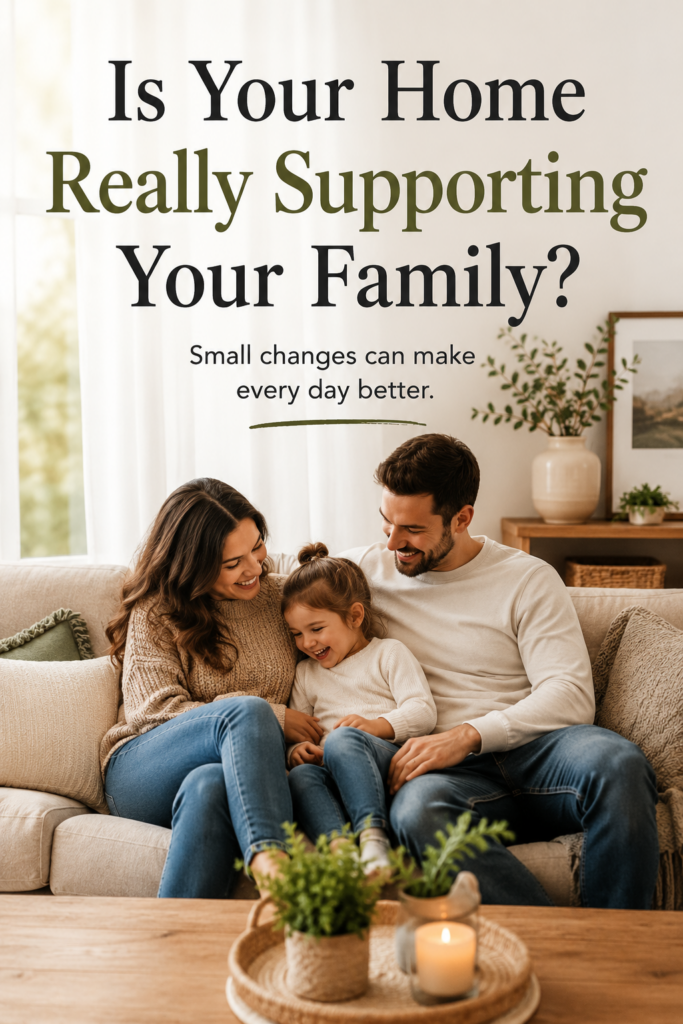 Pinterest pin showing family relaxing together on couch in cozy living room with text asking if your home is really supporting your family and mentioning small changes for everyday comfort