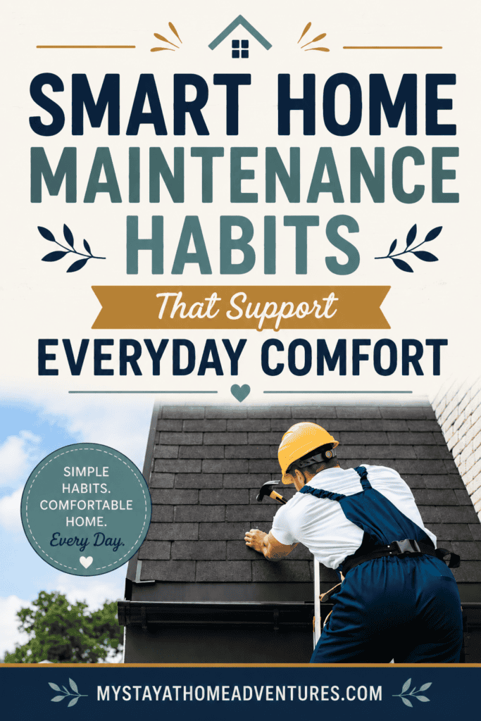 Home maintenance worker repairing a roof with text about smart home maintenance habits that support everyday comfort for busy families.