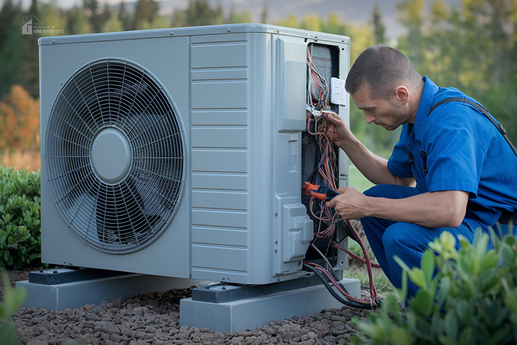 Technician repairing outdoor HVAC unit with exposed wiring, showing maintenance that helps improve efficiency and lower high energy bills