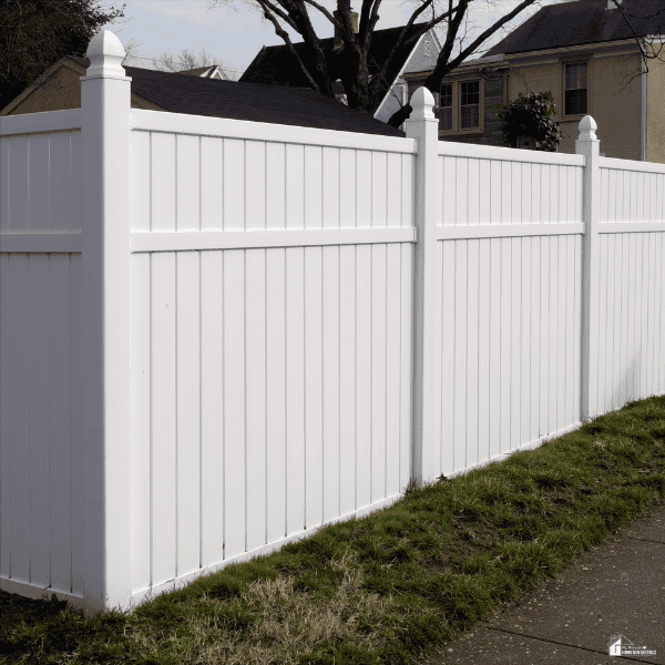 Vinyl boundary fence installed along a neighborhood property line, highlighting the importance of discussing materials and installation methods with a fence company.