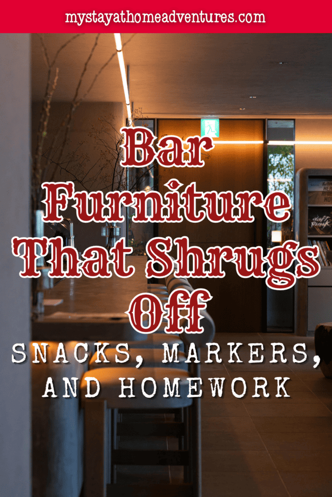 Bar furniture arranged in a busy gathering space, highlighting practical seating and long-lasting construction for family living.