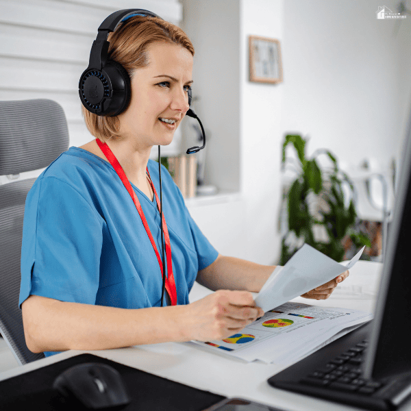 Remote clinical support specialist reviewing healthcare documentation and reports while managing administrative workflows.