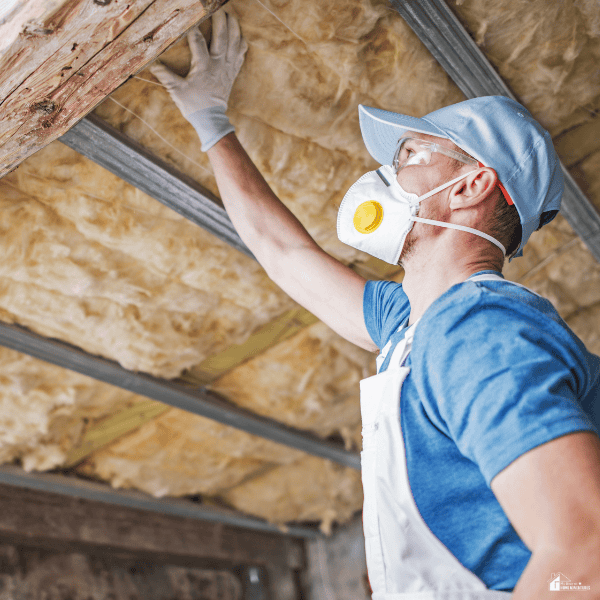 Worker installing attic insulation between roof beams to improve energy efficiency and support healthier indoor living conditions.