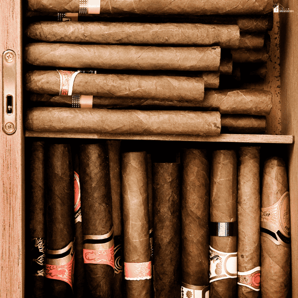 Wooden humidor filled with a variety of cigars stored in a controlled environment to maintain optimal moisture levels.