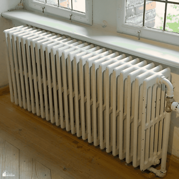 Radiator shelf installed above a traditional heating unit to help direct warm air and improve room efficiency.