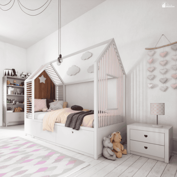 Children’s bedroom featuring a space-saving bed with built-in storage, soft décor, and furniture designed for comfort, organization, and long-term use.