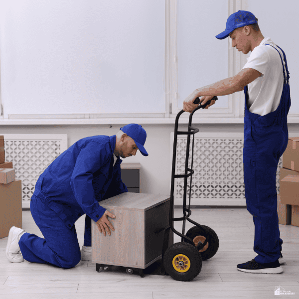 Professional movers carefully handling furniture and equipment during a residential moving day.