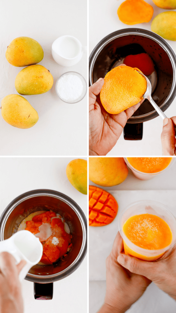Limber de mango recipe process featuring fresh mangoes, blended ingredients, and finished frozen desserts in cups.