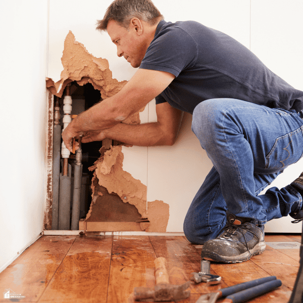 Homeowner repairing damaged plumbing behind a wall while managing the costs of an unexpected household maintenance issue.