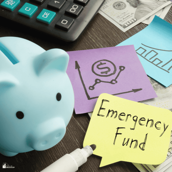 Savings jar, calculator, and cash beside financial notes showing preparation for emergency household expenses and budget planning.