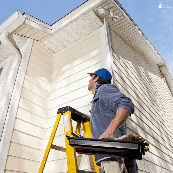 Home maintenance worker inspecting exterior siding and roofline as part of preventing costly repairs and protecting a family budget.