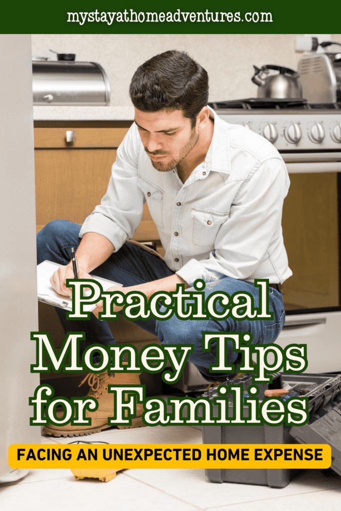 Homeowner reviewing repair costs and household finances after a sudden maintenance problem to plan expenses and avoid financial strain.