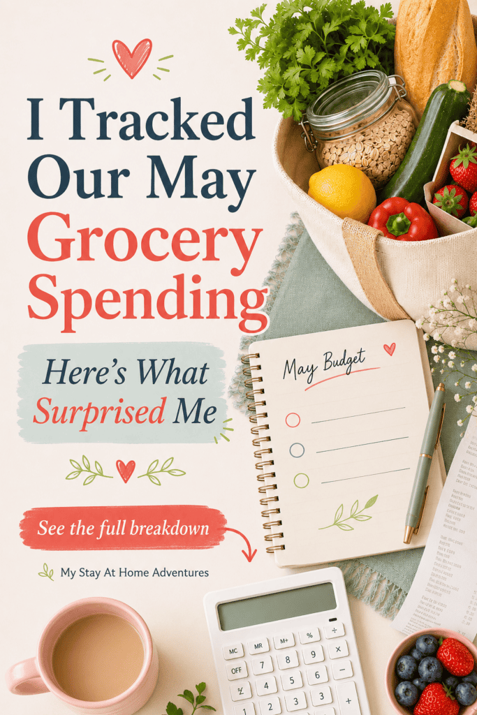 A grocery spending graphic with a reusable bag of produce, notebook, calculator, receipt, coffee mug, and berries arranged in a cozy budgeting flat lay.