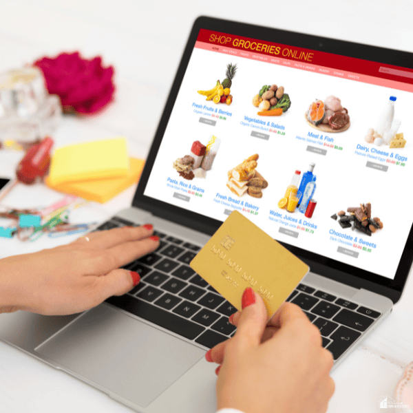 Person comparing grocery purchases online to reduce food costs and make everyday spending more budget-friendly for the family.