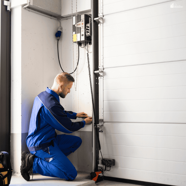Technician inspecting and adjusting garage door hardware during a professional residential maintenance service.