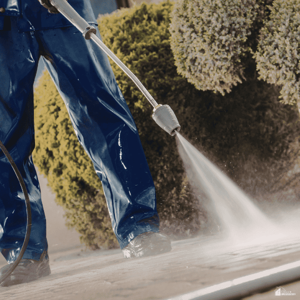 Worker using a pressure washer to clean outdoor surfaces as part of regular ranch equipment maintenance and upkeep.