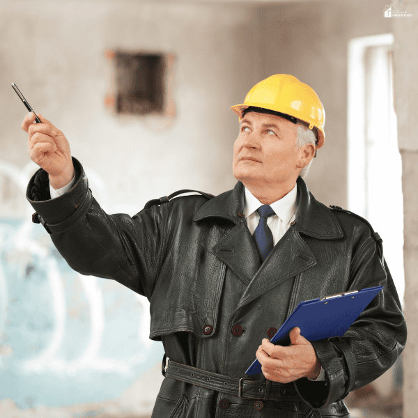 Construction insurance inspection specialist assessing a building site while documenting risks and coverage requirements for contractors.