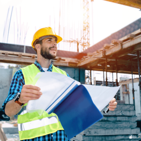 Construction manager reviewing project plans at an active job site, illustrating construction insurance planning and contractor risk management.