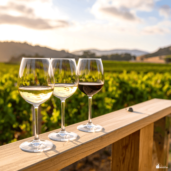 Wine glasses overlooking rolling vineyard landscapes at sunset, capturing the scenic experience of a Slovenia wine tour for first-time travelers.