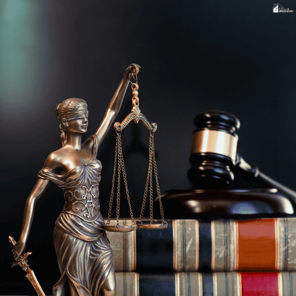 Bronze Lady Justice statue beside a judge's gavel and law books representing legal proceedings in a criminal fraud case.