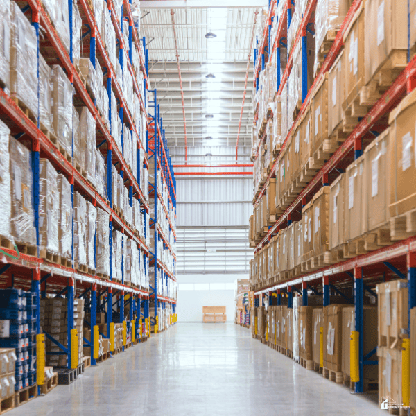 Warehouse aisles with organized storage racks and clear pathways designed to support efficient warehouse navigation and inventory movement.