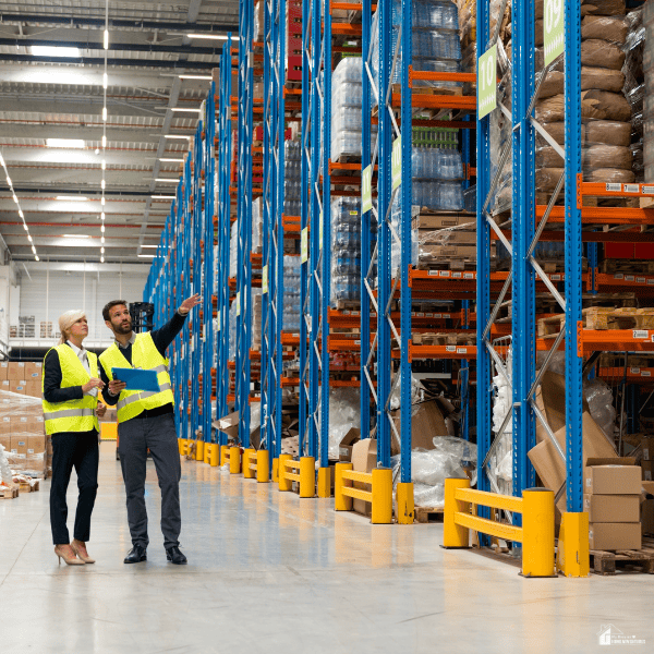Warehouse staff reviewing storage locations and traffic flow as part of an effective warehouse navigation and layout strategy.