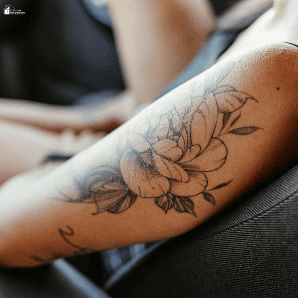 Fine line tattoos featuring delicate floral artwork with detailed shading and minimalist design elements on the forearm.