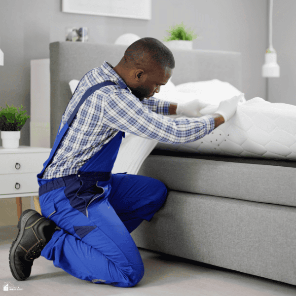 Pest control technician inspecting a mattress for signs of a bed bug infestation during an early detection visit.