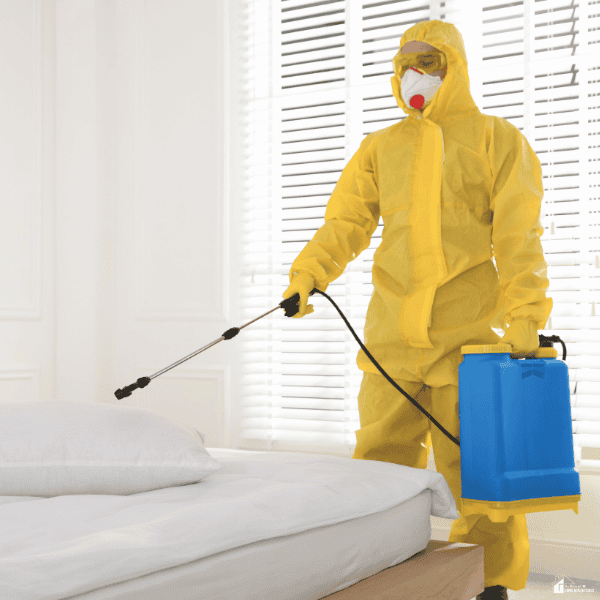 Exterminator wearing protective equipment applying treatment in a bedroom to control a growing bed bug problem.