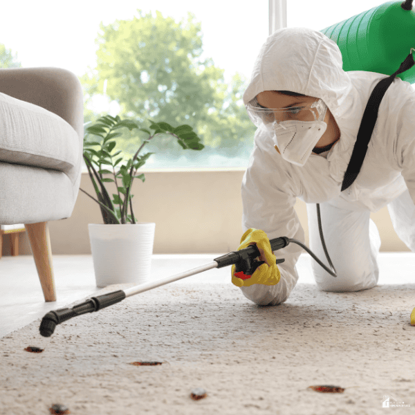 Pest control technician in protective gear treating a carpeted living room to help prevent indoor insect infestations throughout the year.
