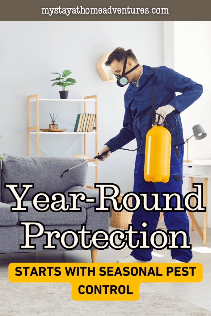 Professional exterminator applying pest treatment inside a home as part of a proactive plan to reduce seasonal pest problems.