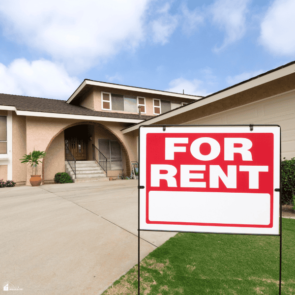 Rental home with a yard and leasing sign highlights online resources for finding available houses to rent.