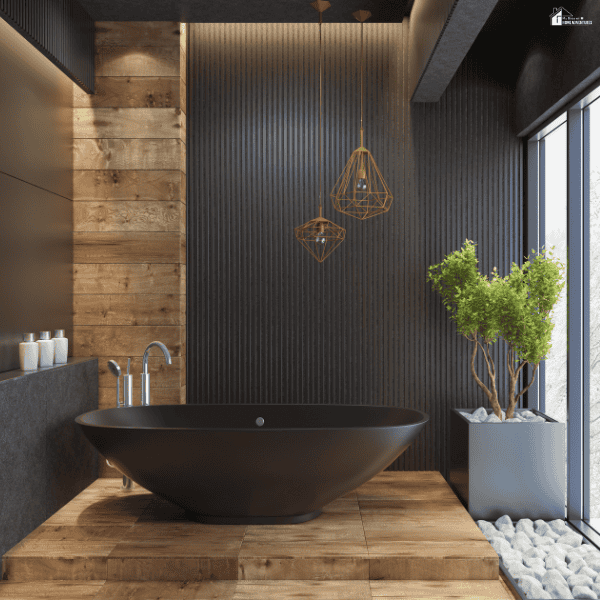 Contemporary bathroom featuring a freestanding black bathtub, warm wood accents, and designer lighting for a high-end look.