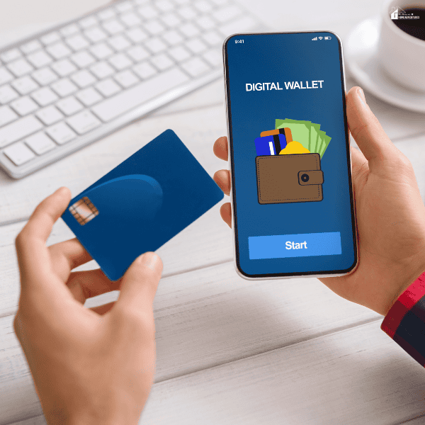 Person using a digital wallet on a smartphone while holding a payment card, showing secure and convenient mobile money management.