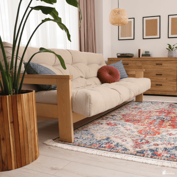 A bright living room with neutral furniture, layered textiles, and natural accents shows how affordable decor can create an elegant, high-end style.