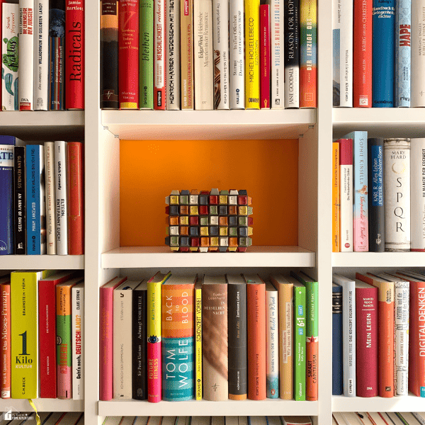 A neatly styled bookshelf with colorful books and decorative accents demonstrates a simple way to make a room feel more polished and expensive.