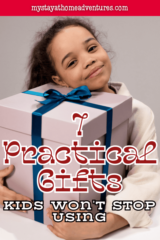 A child happily hugs a large wrapped present, representing a practical gift designed for everyday fun and lasting use.