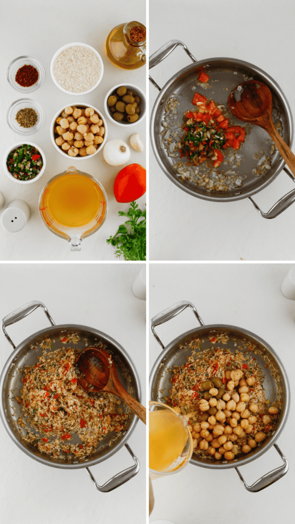 Step-by-step collage showing the ingredients and cooking process for making Puerto Rican arroz con garbanzos with chickpeas, sofrito, olives, and seasoned rice.