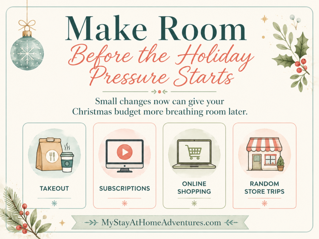 Christmas budget graphic showing ways to make room for holiday savings by reducing takeout, subscriptions, online shopping, and random store trips.