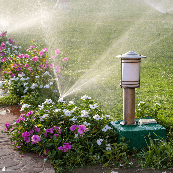 Flower beds and a green lawn watered with an irrigation sprinkler, showing efficient landscape watering that helps reduce outdoor water use.