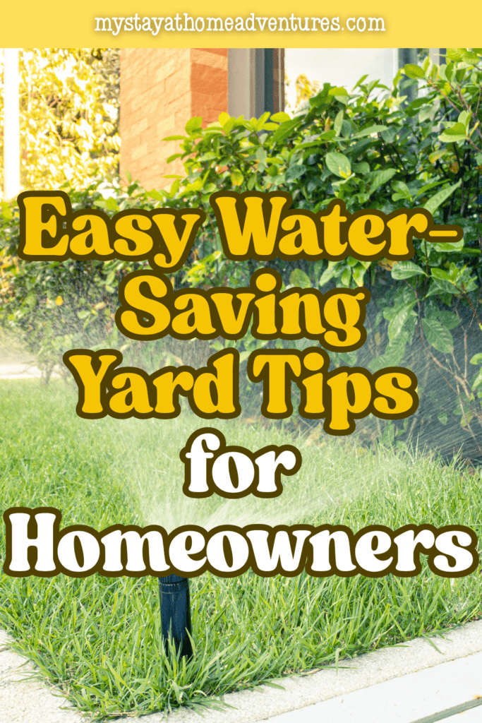 Automatic sprinkler watering a residential lawn and shrubs, representing smart irrigation methods that promote healthy landscapes with less water.