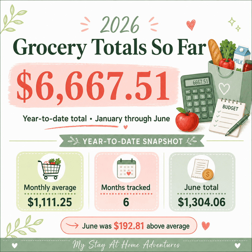 2026 grocery spending infographic showing a $6,667.51 January-through-June total, $1,111.25 monthly average, six months tracked, and a $1,304.06 June total.