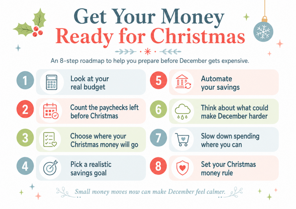 Christmas budget planning infographic with pastel holiday accents, step icons, savings roadmap, and Christmas money prep ideas for reducing holiday spending stress.