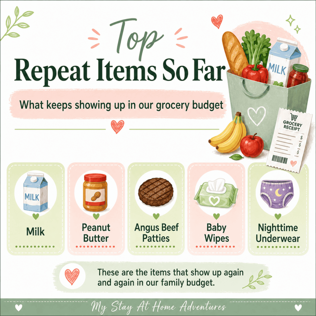 Top repeat grocery budget items infographic featuring milk, peanut butter, Angus beef patties, baby wipes, and nighttime underwear.